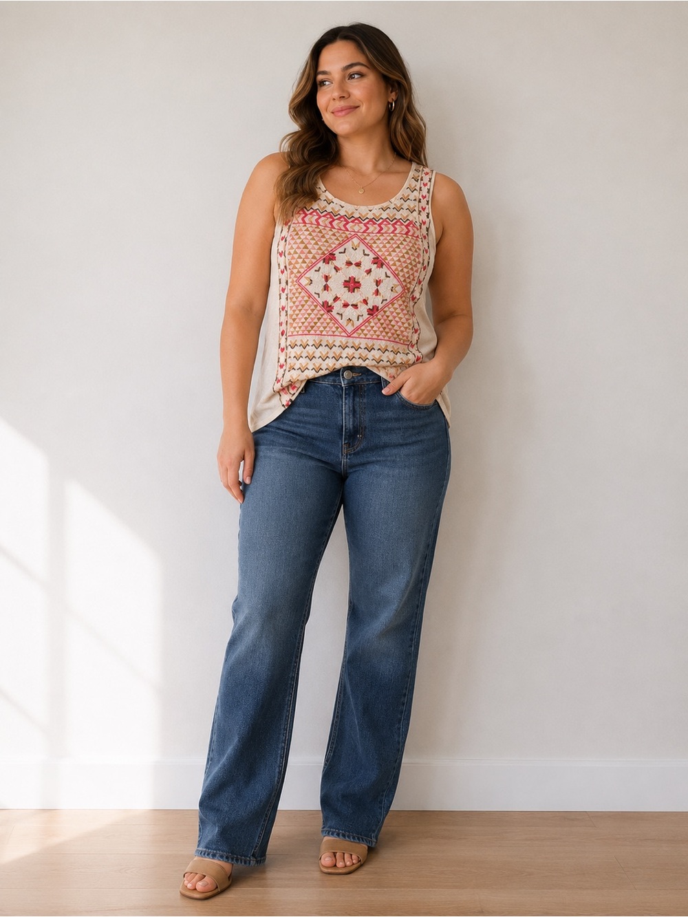 Lucky Brand Embroidered Tank Top - Cream and Pink